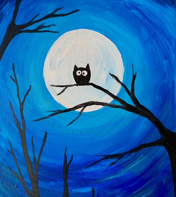 Owl and full moon, painting by Katie O'Rourke